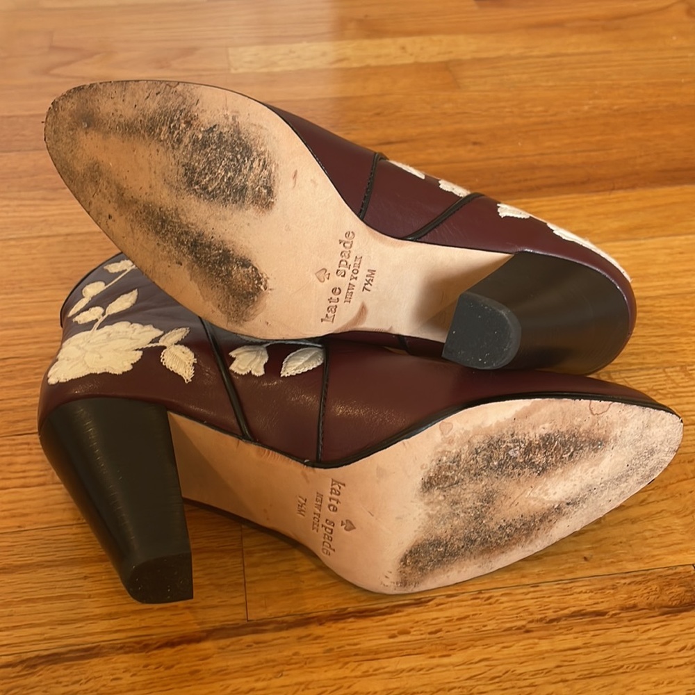 Kate Spade Burgundy Leather Ankle Boots with White Floral Embroidery - Picture 10 of 16